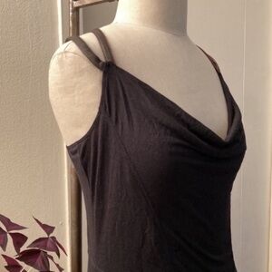 Vintage Y2K knit slip dress, leather straps, cowl neck, L